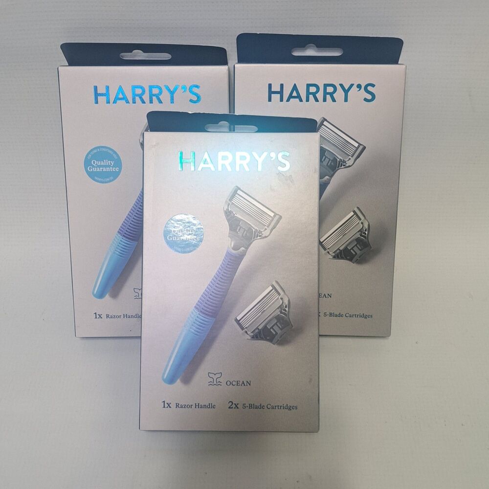 3X Harry's Razor 2 Ct 5-Blade Cartridges -Navy Blue Ocean Ergonomic No-Slip Grip